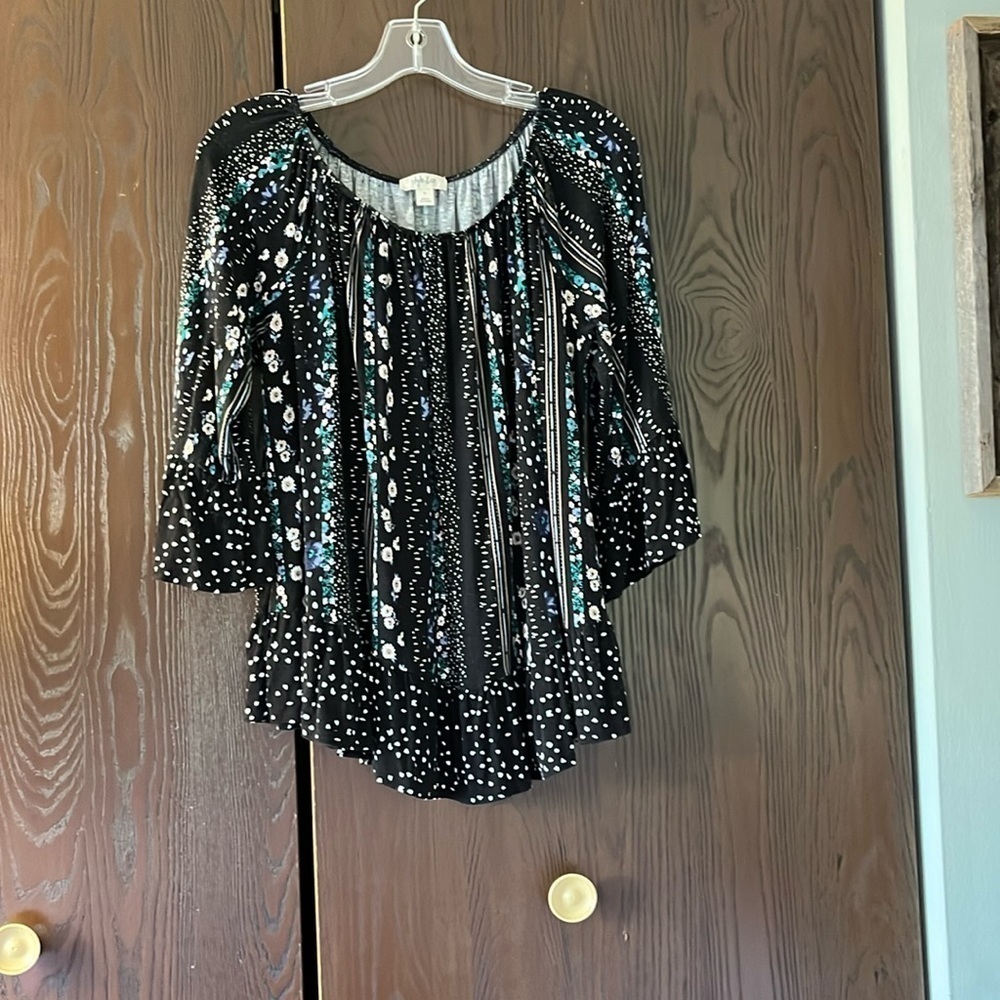 Style & co. Boho 3/4 sleeved blouse. Black with floral/ striped/ dotted design.L
